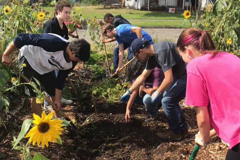 A group of students in the New Student Experience Seminars program plant flowers in the soil.